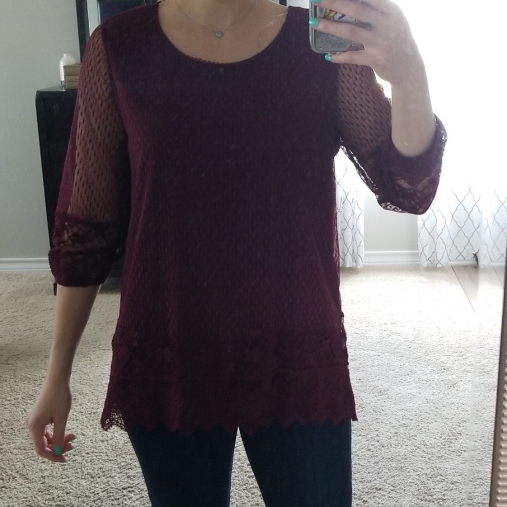 Plum lace blouse with 3/4 lace sleeves